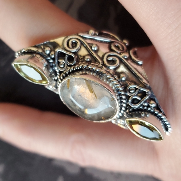 New Golden Rutile and Citrine 925 Silver Statement Ring. - Picture 5 of 8